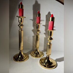 Vintage Copper & Brass Ribbed Column Candlesticks (Set of 3) with Red Candles